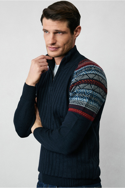 Kiğılı Bato Collar Slim Fit Slim Fit Zippered Patterned Knitwear Sweater