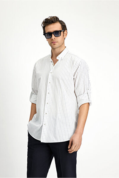 Kiğılı Long Sleeve Regular Fit Striped Sport Button-Down Collar Cotton Shirt