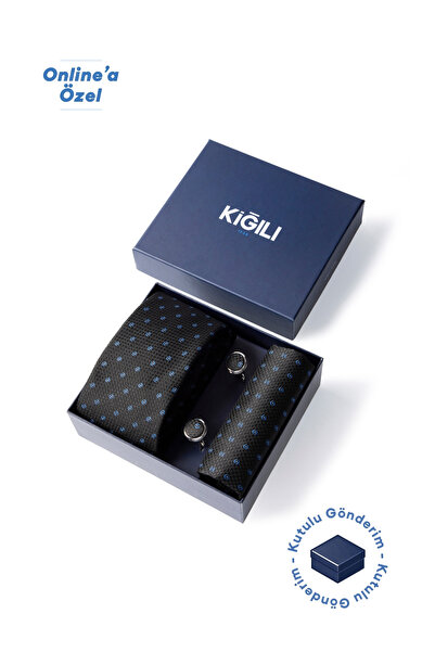 Kiğılı 3'lü Desenli Kravat & Mendil & Kol Düğmesi Hediye Kutulu Set