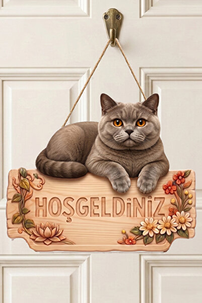 MARNELLO CONSEPT İngiliz Shorthair "Hoş Geldiniz"Ahşap MDF Kapı Süsü - Seviml...