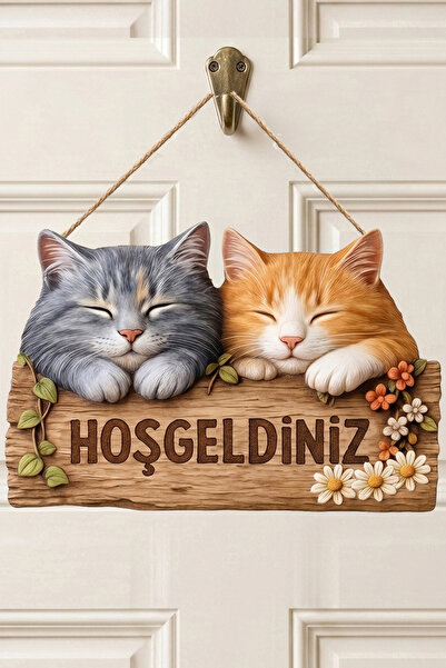 MARNELLO CONSEPT "Hoş Geldiniz" Yazılı Ahşap MDF Retro Kapı Süsü - Sevimli Ke...