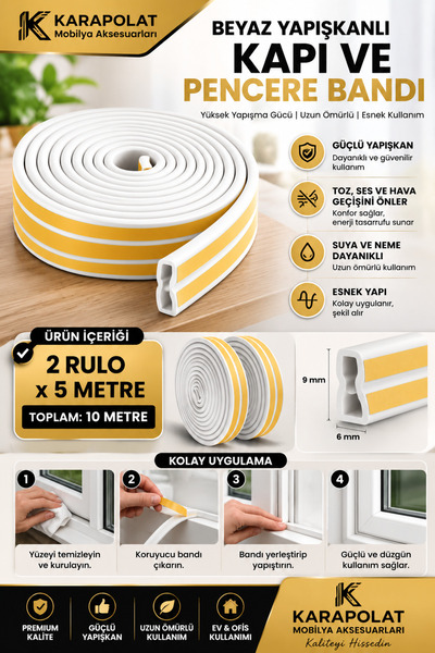 KARAPOLAT Yapışkanlı Kapı Pencere Bandı Fitili Beyaz 5x2=10 Metre | Isı, Soğu...