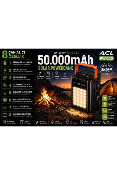 HİBOTEKNO 50.000mAh Solar Powerbank Kamp Lambalı | 4 Çıkışlı Hızlı Şarj | Dah...