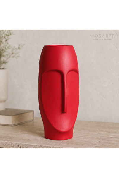 Stoneface Series Minimalist Soyut Yüz Vazo / Heykel – Modern Dekoratif Obje 23 CM - Kırmızı Renk