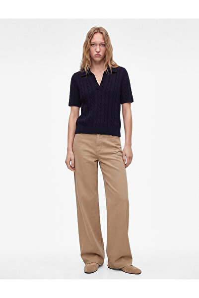 Koton Hair Braid Textured Short Sleeve Polo Collar Sweater