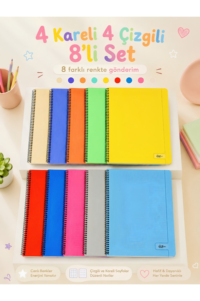 ÖZ OFİS A-4 72yp 4 Kareli+4 Çizgili Spiralli Plastik Kapak Okul Defteri 8 Far...