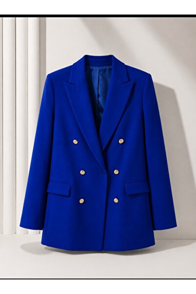 PARKDERİN Large Size Long Gold Buttoned Saxe Blue Blazer Jacket