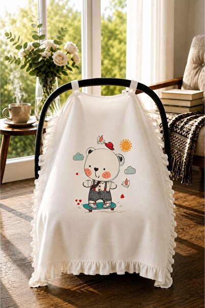 bebeqon 100% Muslin Baby Stroller Cover with Ruffles and Teddy Bear Pattern, ...