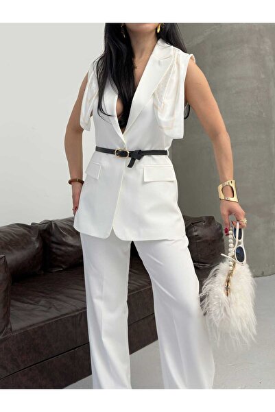 MYGİYİMİSTANBUL Κομψό σετ γιλέκο-παντελόνι με φουλάρι με σχέδιο στους ώμους κ...