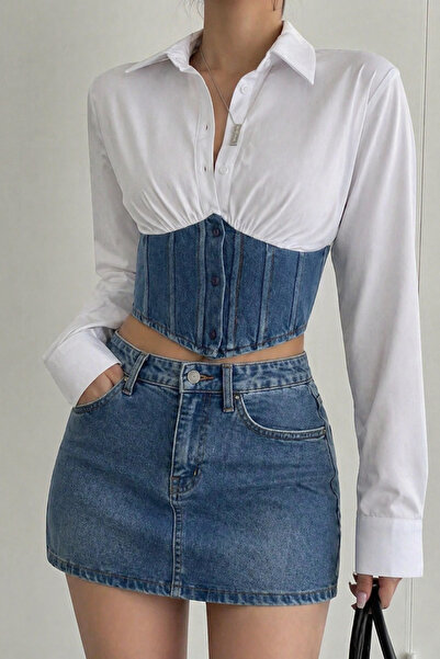 COOL TARZ Γυναικείο μοντέρνο τζιν πουκάμισο με λεπτομέρεια κορσέ και κομψή εφ...