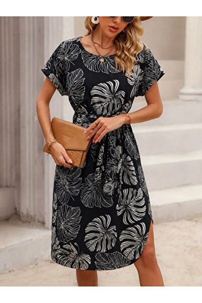 Kokosh moda Γυναικείο φόρεμα κρεπ με κοντό μανίκι και ζώνη στη μέση, με σχέδι...