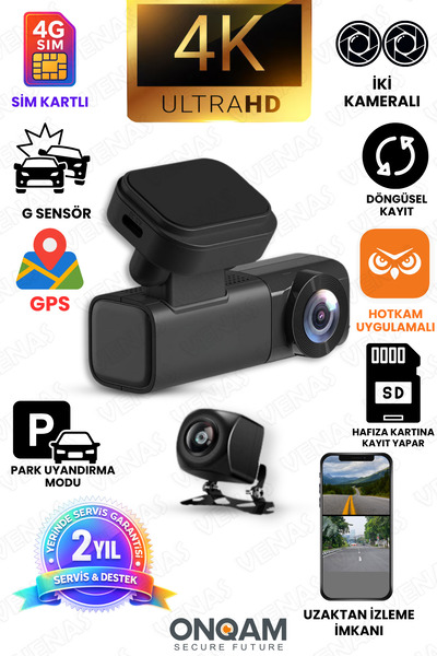 ONQAM 2 Kameralı 4K Sim Kartlı Uzaktan İzlenebilen Araç Kamerası Güvenlik Kam...