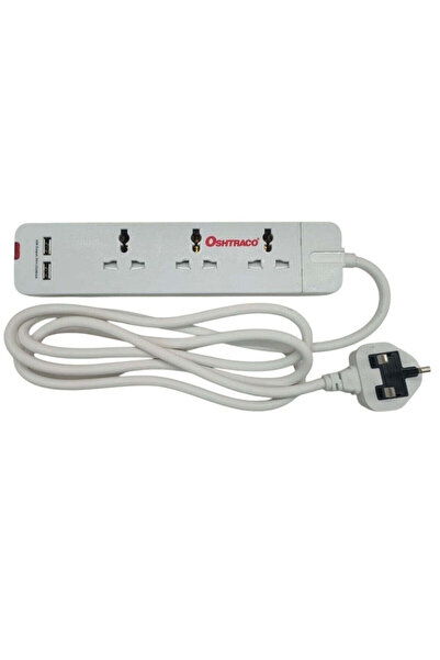 Oshtraco Extension 3 Way Plugging Adaptor with 2 USB Port 2 Meter Cable-White