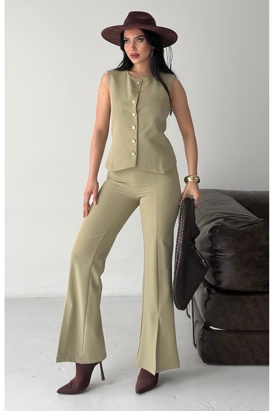 pembekurdelem Γυναικείο Σχεδιαστικό Γιλέκο με Σκισίματα στα Πόδια, Χακί