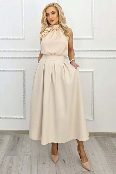 FashionForYou Ματίλντ κρεμ μακριά φούστα κλος με τσέπες και πιέτες, Κρεμ