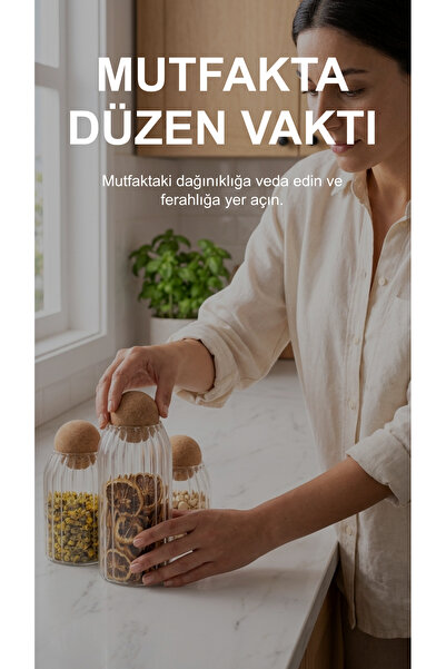 PORLİSMA Mantar Kapaklı Cam Kavanoz 3'lü Set, Cam Bakliyat Kuruyemiş Saklama Kavanoz Seti