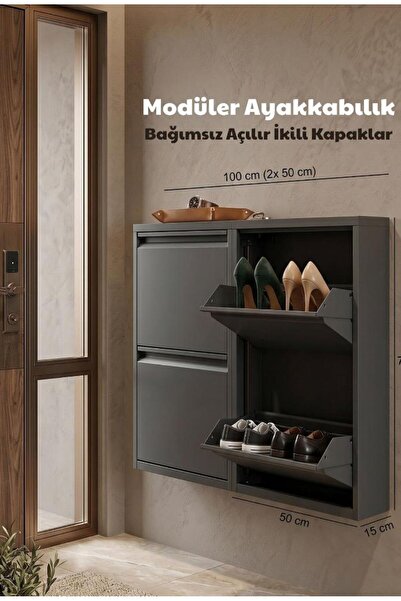 OVROL 2+2 4'lü Modüler Metal Ayakkabılık Bağımsız Açılır Kapak (Antrasit)