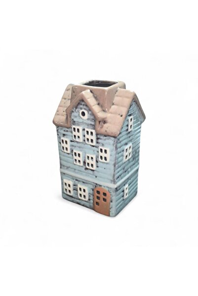 mutlu adım 1 Adet 15x8cm Mini Seramik Ev Dekor Biblo Mavi Ev Mumluk