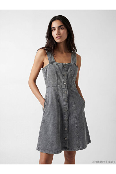 LC Waikiki Esvab • Modern & Distinctive Square Collar Waist-Slit Mini Jean Dress