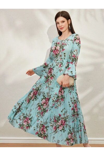 Iuliashop Rochie lungă Geeta albastră cu imprimeu floral - L