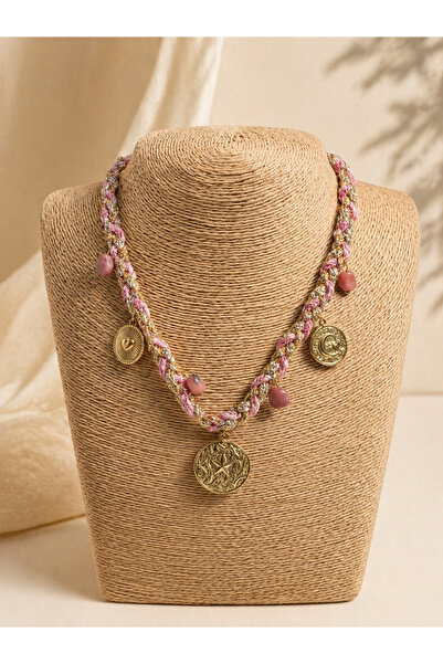 Takıtolia Antique Pink Charm Necklace Bohemian Collection Stainless Steel Ant...