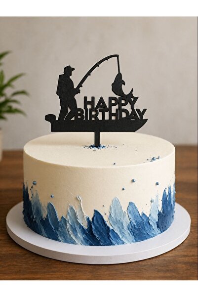 HediyeBigi Doğum Günü Pasta Süsü Balıkçı Temalı Happybirtday 11x13 ölçülerinde