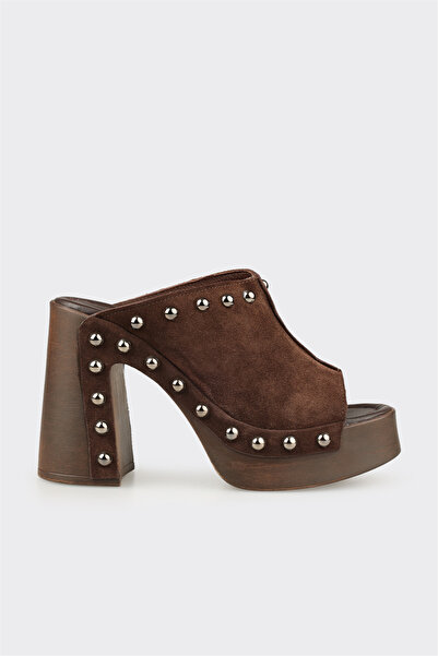 Elle Shoes Kahve Deri Kadın Yüksek Topuk Terlik