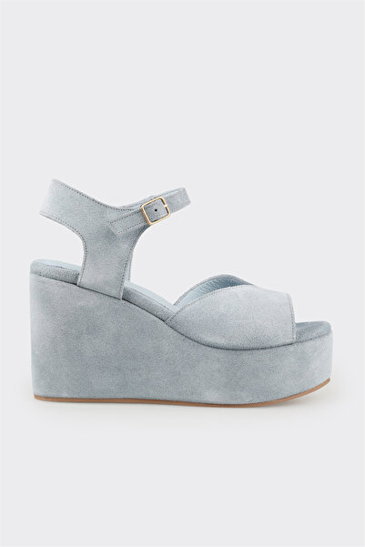 Elle Shoes Mavi Deri Kadın Dolgu Topuk Sandalet