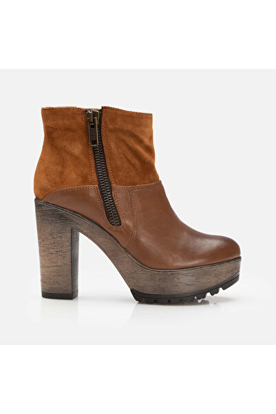 UrbanShoes Botine cu toc damă din piele naturală, Leofex – 412 Maro Box + Velur