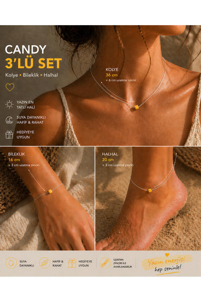 Liora De Mar Candy Premium İnce Çelik Zincir 3’lü Set (Kolye + Bileklik + Hal...