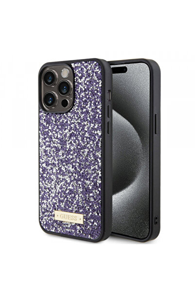 Stef's Cat Θήκη για Apple iPhone 15 Pro, Guess, Μεταλλικό λογότυπο με στρας, Μοβ