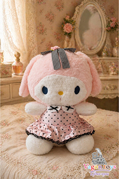 vagontoys My Melody Peluş Oyuncak Pembe Puantiyeli Dantel Elbiseli – 30 cm Yu...