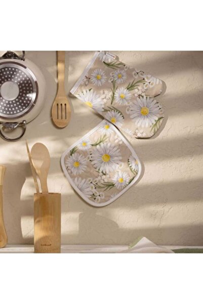 Evidea Soft Papatya Fırın Eldiveni ve Tutaç Set - Bej - 17x28 cm + 20x20 cm
