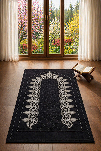 Hig Store Kapitoneli Nakışlı Çeyizlik Seccade.Siyah. 70x110 cm