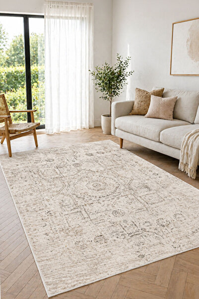 Toronto Home Dijital Kaymaz Yıkanabilir Vintage Eskitme Vizon Bej Salon Halıs...