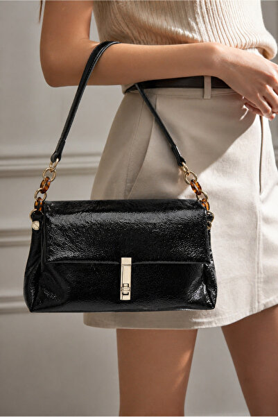 Moda Lime Μαύρη δερμάτινη γυναικεία τσάντα ώμου με κομψό λουράκι αλυσίδας με ...