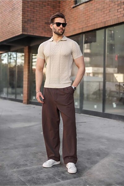 Madmext Ανδρικό πλεκτό μπλουζάκι με λαιμόκοψη πόλο σε χρώμα πέτρας E7495