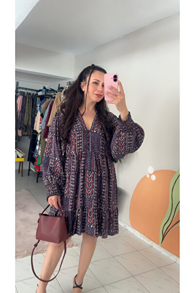 VENTUS MODA&ÇANTA Desenli Salaş Kesim Lastik Kollu Mini Elbise