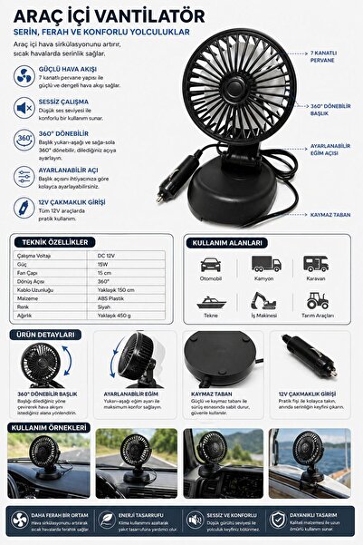 Carvian TEKLİ VANTİLATÖR 12 V ÇAKMAKLIK GİRİŞLİ TORPİDO ÜZERİ