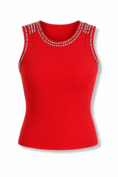 5in1Canpolat Κόκκινο Αθλητικό Μπλουζάκι με Κεντημένη Πέτρα 261006