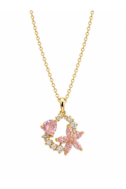 Yuchicly Pink Stone Flower Necklace Quality Stainless Steel