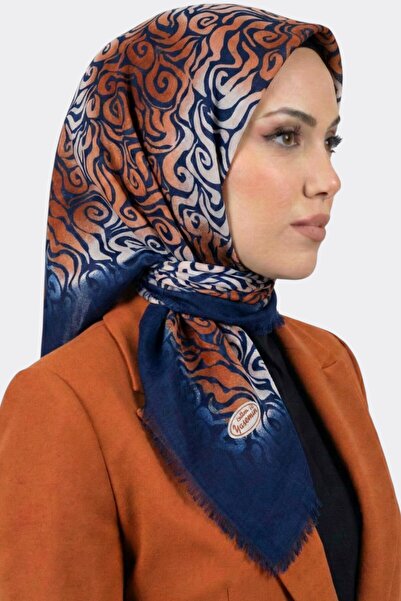 hadiora وشاح نسائي منقوش باللون الأزرق والبرتقالي