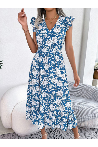 Take Two By Styli Blue Floral Print Ruffle Sleeve A-Line Midi Dress