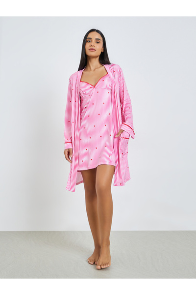 Styli Striped Slip Dress and Robe Set with Heart Print Detail