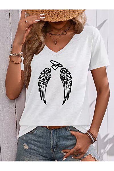 WOODROFFE Women's V-Neck Angel Wing Printed T-Shirt Oversize Loose Fit