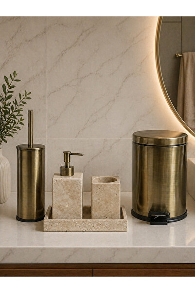 DMR VESTA Şık ve Modern Traverten Banyo Seti 5 Parça – Antik Lüks Dekoratif T...