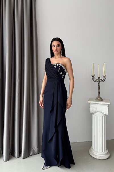 Serica Moda Μπλε ναυτικό βραδινό φόρεμα με έναν ώμο, κεντημένο με πέτρες και ...
