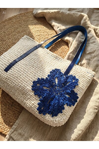 Meya design Women's Cobalt Blue Flower Embroidered Zippered Shoulder Bag in W...