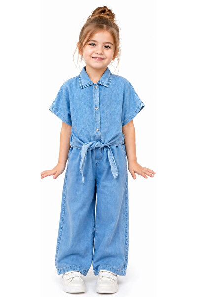 İrem Çocuk Giyim Girl's Thin Denim Suit with Stone Detailing and Tie-Front Bu...