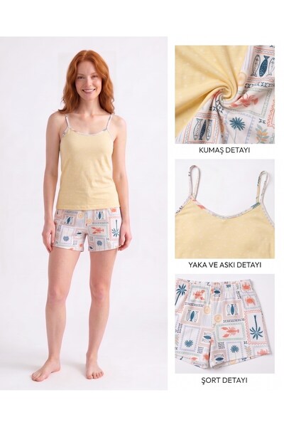ÇAĞRI HOMEWEAR Set de pijamale de vară pentru femei, galben cu model, fără nasturi, cu decolteu tip bicicletă, din lycra și viscoză, cu bretele, mini pantaloni scurți